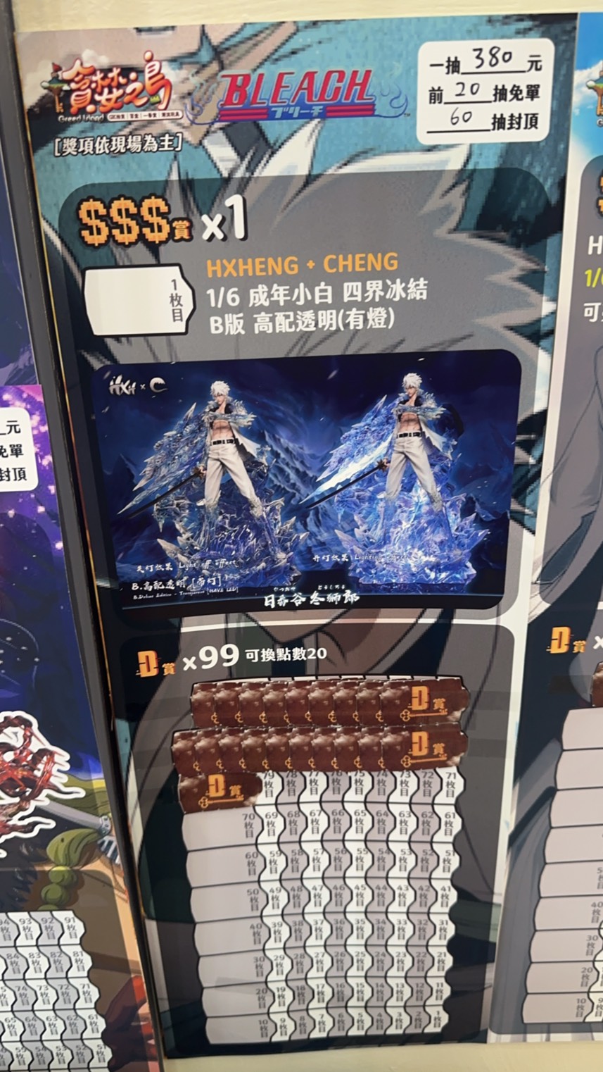 BLEACH GK 抽（SSS賞 HXHENG+CHENG 1/6 成年小白 四界冰結 B版 高配透明 有燈） 配率板