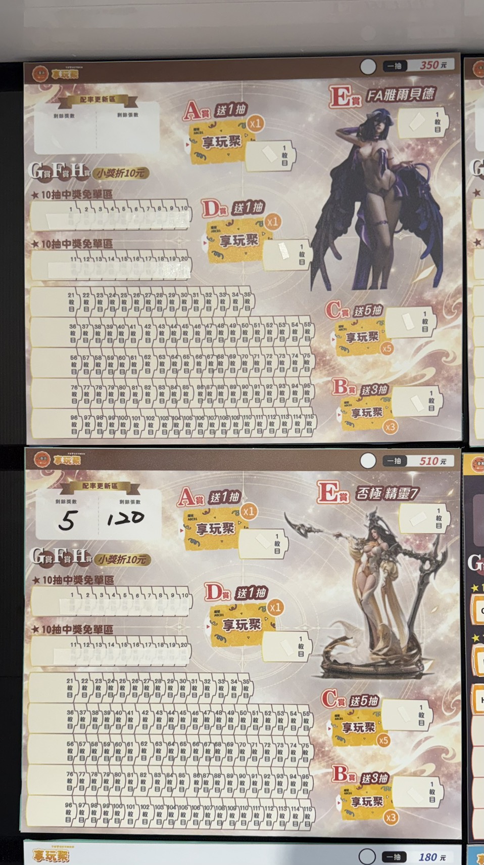享玩聚 自製一番賞（E賞 否極 精靈7）— 圖中下方那張板 配率板